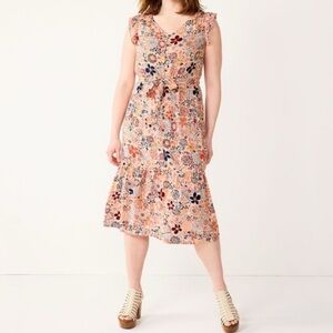 Sonoma Floral Print Midi Dress Size XXL Pink Plus Elastic Waist Ruffle Midi Boho